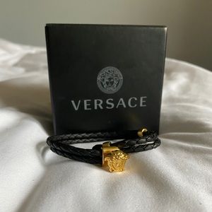 Versace Black and Gold Leather Medusa Bracelet